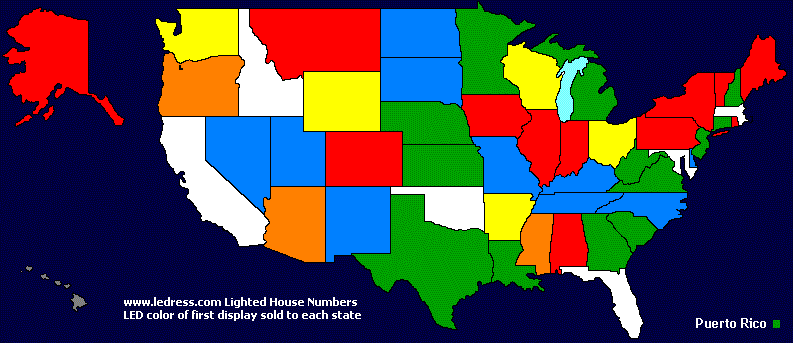 Sales map showing color distribution of LEDress lighted house numbers in the U.S.